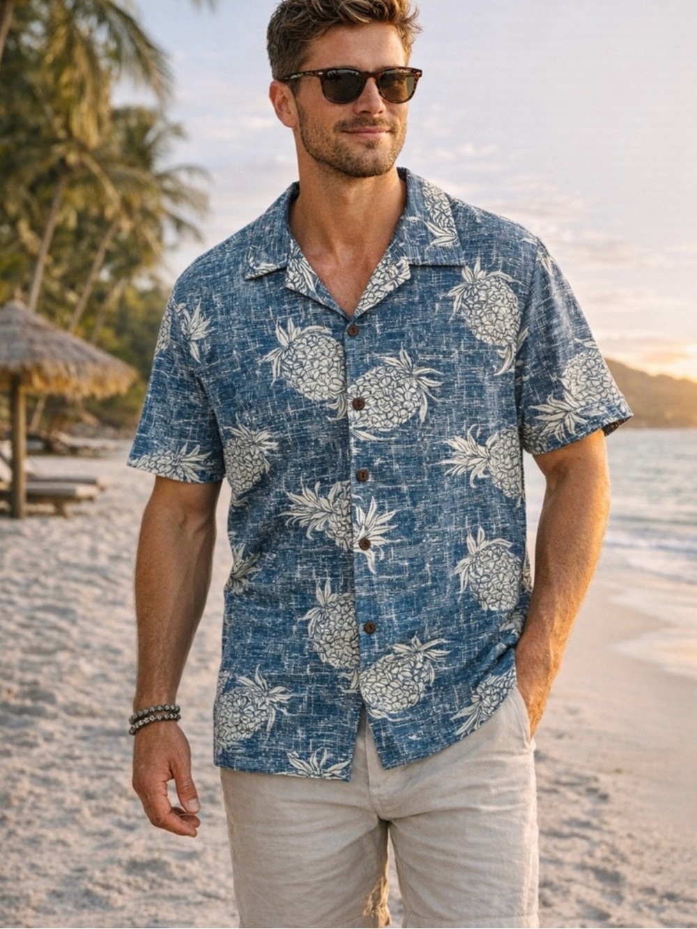 Palmwave Shirt Mens Size XL Blue Pineapple Print Short Sleeve Hawaiian Aloha